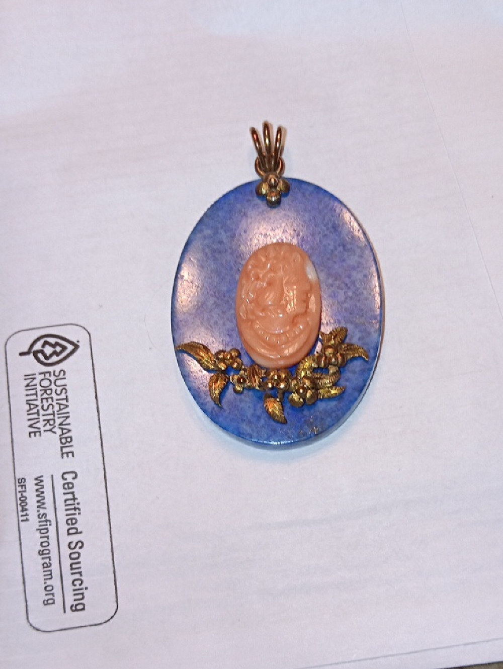 Lapis LAZULI And 14k Gold Accents.Oval Pendant with Coral Cameo and Gold Accents